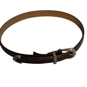 Vintage Brighton Brown Croc-Embossed Leather Belt With Ornate Silver Buckle  Men